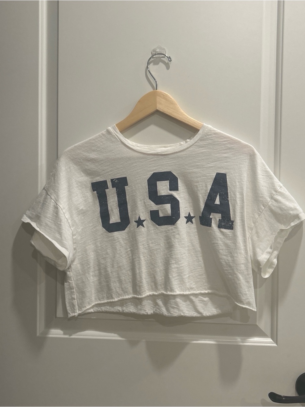 Altar'd State White Crop Tee with Navy U.S.A. Print